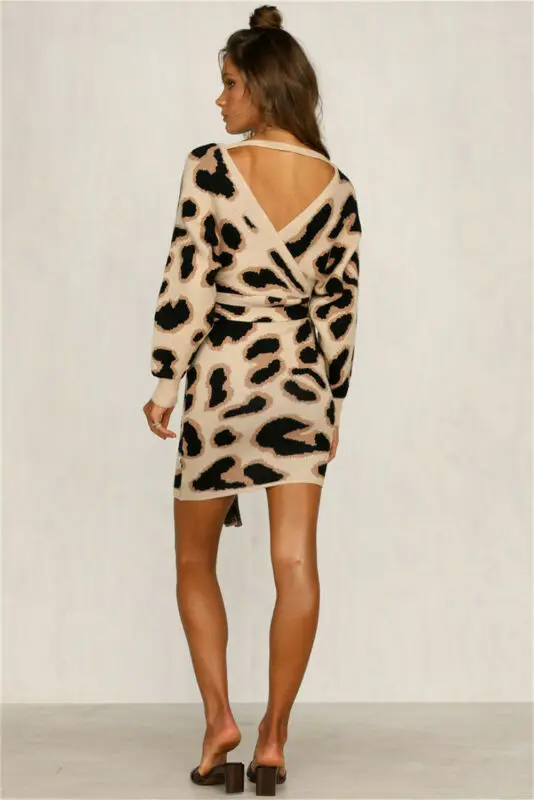 Женское сексуальное леопардовое платье с длинным рукавом v-образным вырезом