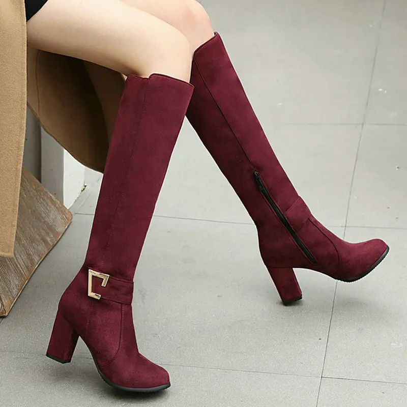 

2022 New Faux Suede Women Knee High Boots Fashion Buckle Women Square Heel Boots Autumn Winter Ladies Shoes Black Blue Wine Red