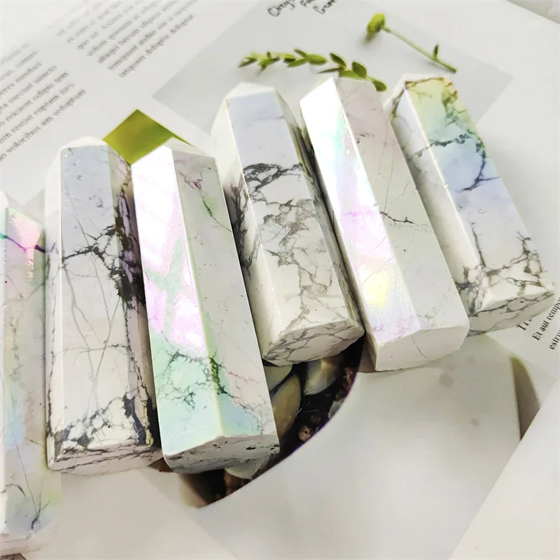

Natural Stones Angel Aura Rainbow Howlite Wand Point Tower Quartz Crystal Healing Reiki Gemstones Home Decoration