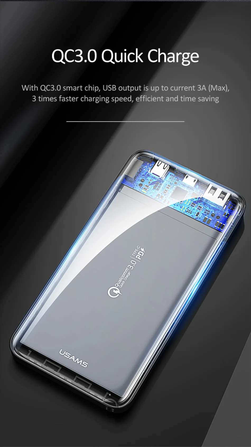 Quick charge power Bank, USAMS 10000 мАч PD Быстрая зарядка power Bank QC 3,0 power Bank type C USB зарядное устройство для iPhone Xiaomi 9 samsung