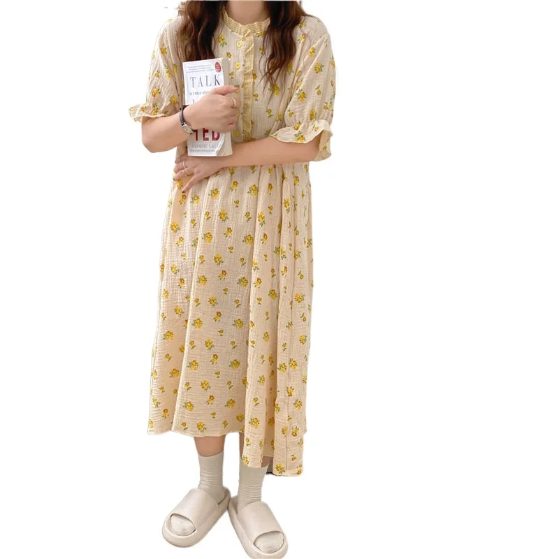

Marple summer short sleeve women nightgowns floral print crepe cotton loose dress homewear ruffles midi nightdress vestidos