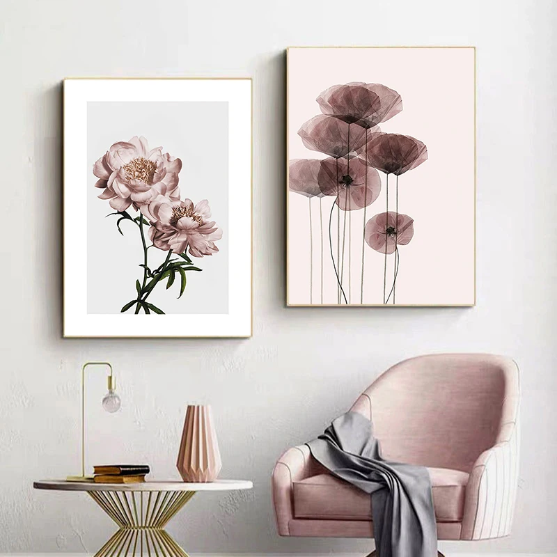 

Pink Flowers Green Leaves Canvas Prints Nordic Style Wall Art Painting Modern Living Room Decoration Pictures Home Decoration