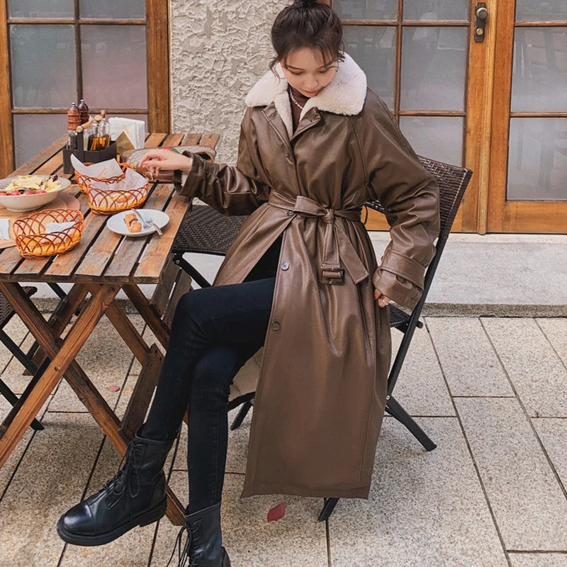 

Winter Long Pu Leather Parka Women Oversize Lined Padded Quilted Coats And Jackets Elegant Whit Belt Office Overcoat Clothing