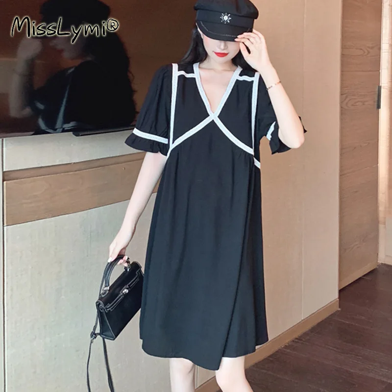 

4XL Plus Size Women Elegant Black Cotton Dress Summer 2021 V-Neck Puff Sleeve Lace Embroidery Ribbon Patchwork A-Line Dresses