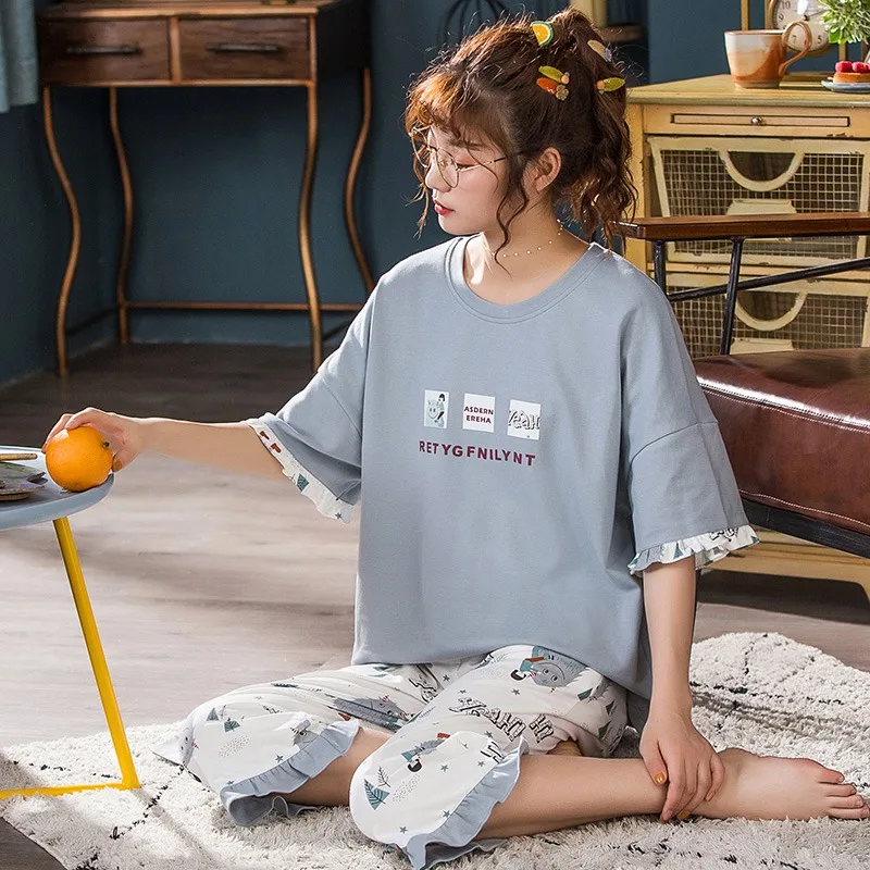 

Plus Size Cotton Short Sleeve Knee Length Pajama Sets for Women Summer Cute Cartoon Sleepwear Homewear Pijama Mujer Home Clothes