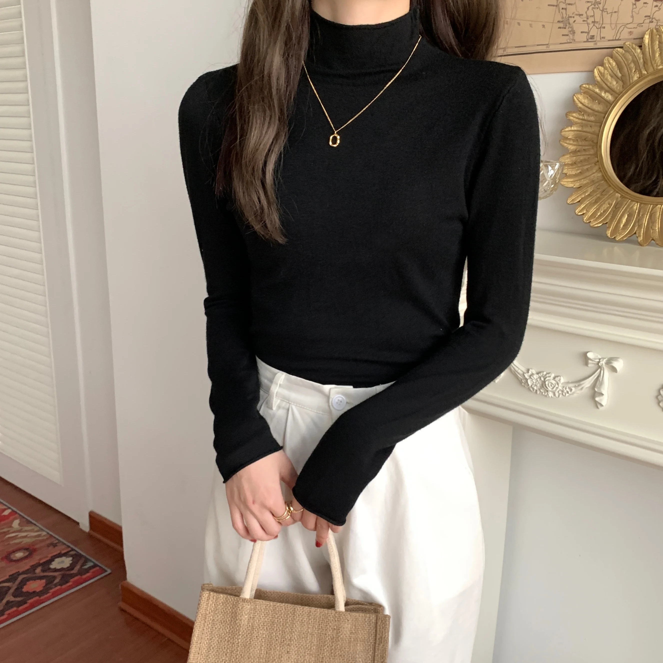 

Real Shot Wholesale Core-spun Yarn Personality Crimping Knitted Half-high Neck Pullover Bottoming Sweater Women Multicolor