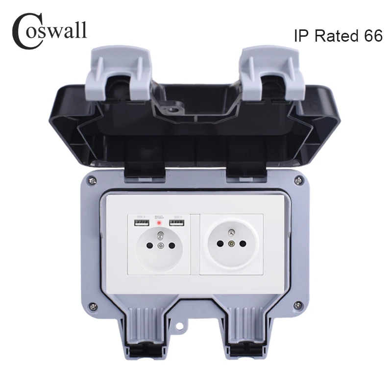 Водонепроницаемая уличная настенная розетка Coswall IP66 стандартная с двойным