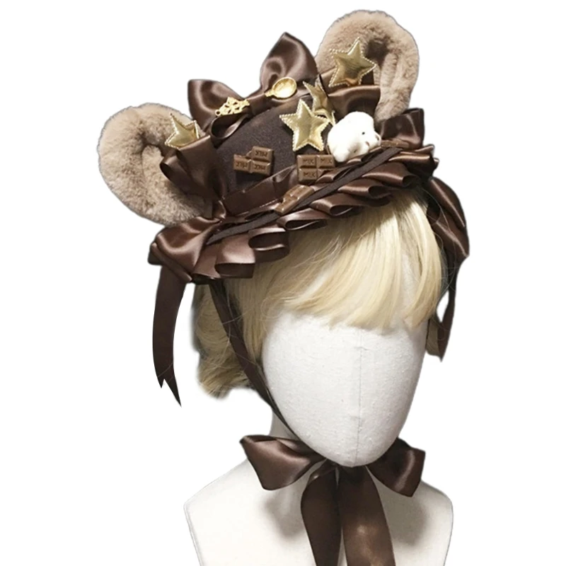 

Sweet Lolita Ribbon Bowknot Mini Top Hat Cute Cartoon Plush Bear Ears Headdress Anime Kawaii Cosplay Hair Accessories