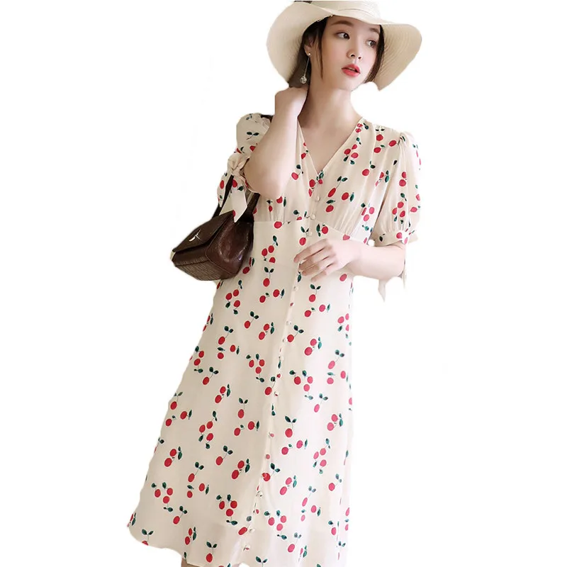 

Женское шифоновое платье с коротким рукавом, в стиле ретро, с вишневым принтом, приталенное, лето 2021, F233