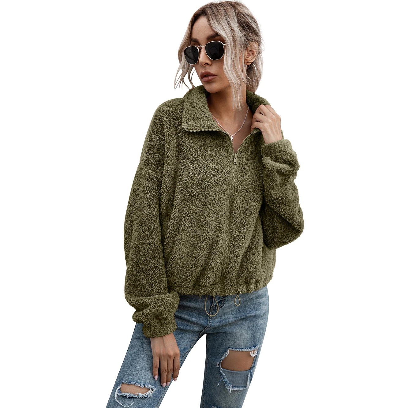 Женская короткая плюшевая куртка осень 2020 модная простая однотонная на молнии с
