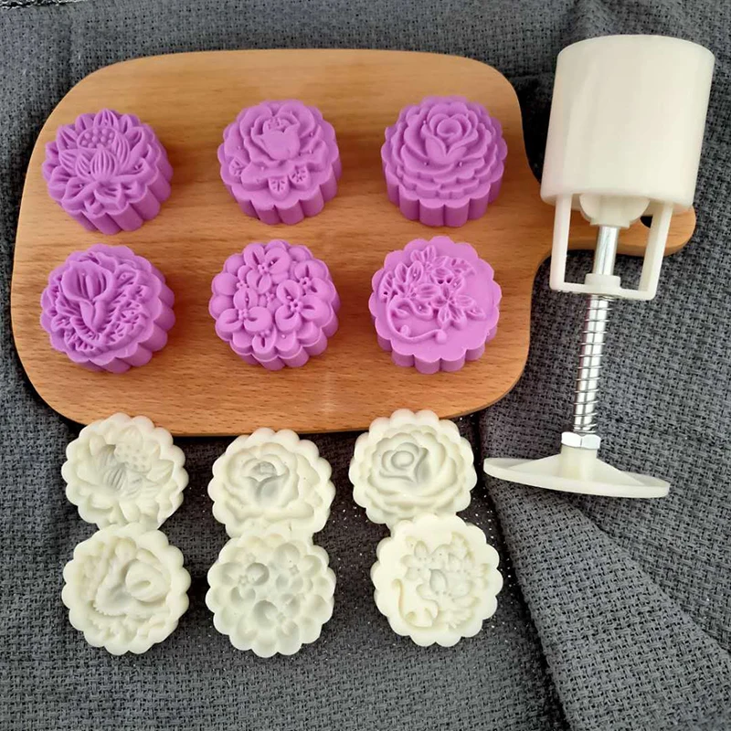 

Reusable 6Pcs/4Pcs Festival Cookie Decorate 50g Plastic/Stainless Steel Multi Purpose Mooncake Moulds 3D Flower Shape