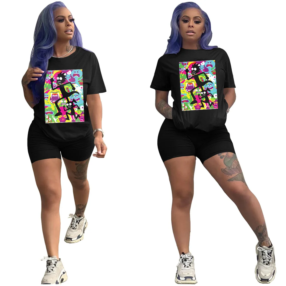 

Women's Summer Fashion Casual Printed O Neck Short Sleeve Top and Shorts 2 Piece Sets