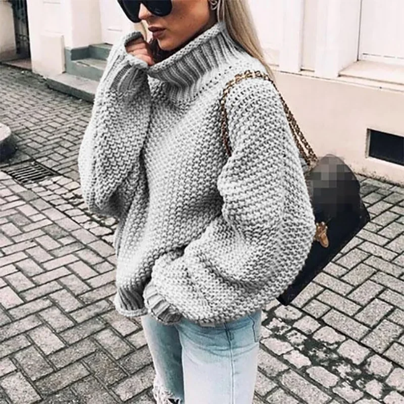 Autumn Winter Loose Khaki Sweater Women Knitted Jumpers Pullover Ladies Warm Thick Harajuku Oversized Turtleneck Female | Женская одежда