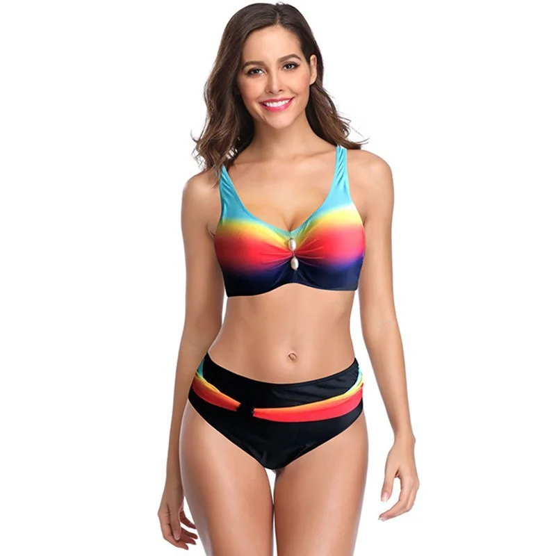 

Multicolors Rainbow Print Bikini Set Swimsuit Summer Women 2021 High Waist Sexy Push Up Dot Polka Swimwear Beach Party Clothing