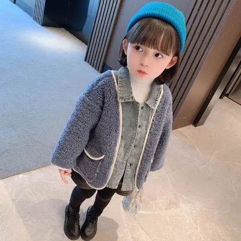 

Girls Autumn Clothes Denim Stitching Jacket Korean Version of Faux Lamb Hair Girl Baby Thick Coat Toddler Girl Winter Clothes