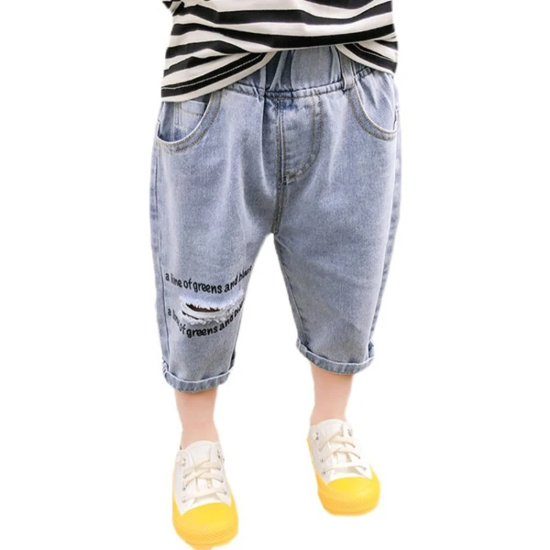 

Lucashy Summer Fashion Baby Boys Denim Jeans Trendy Kids Ankle-Length Trousers Casual Letter Print Ripped Jeans For Children