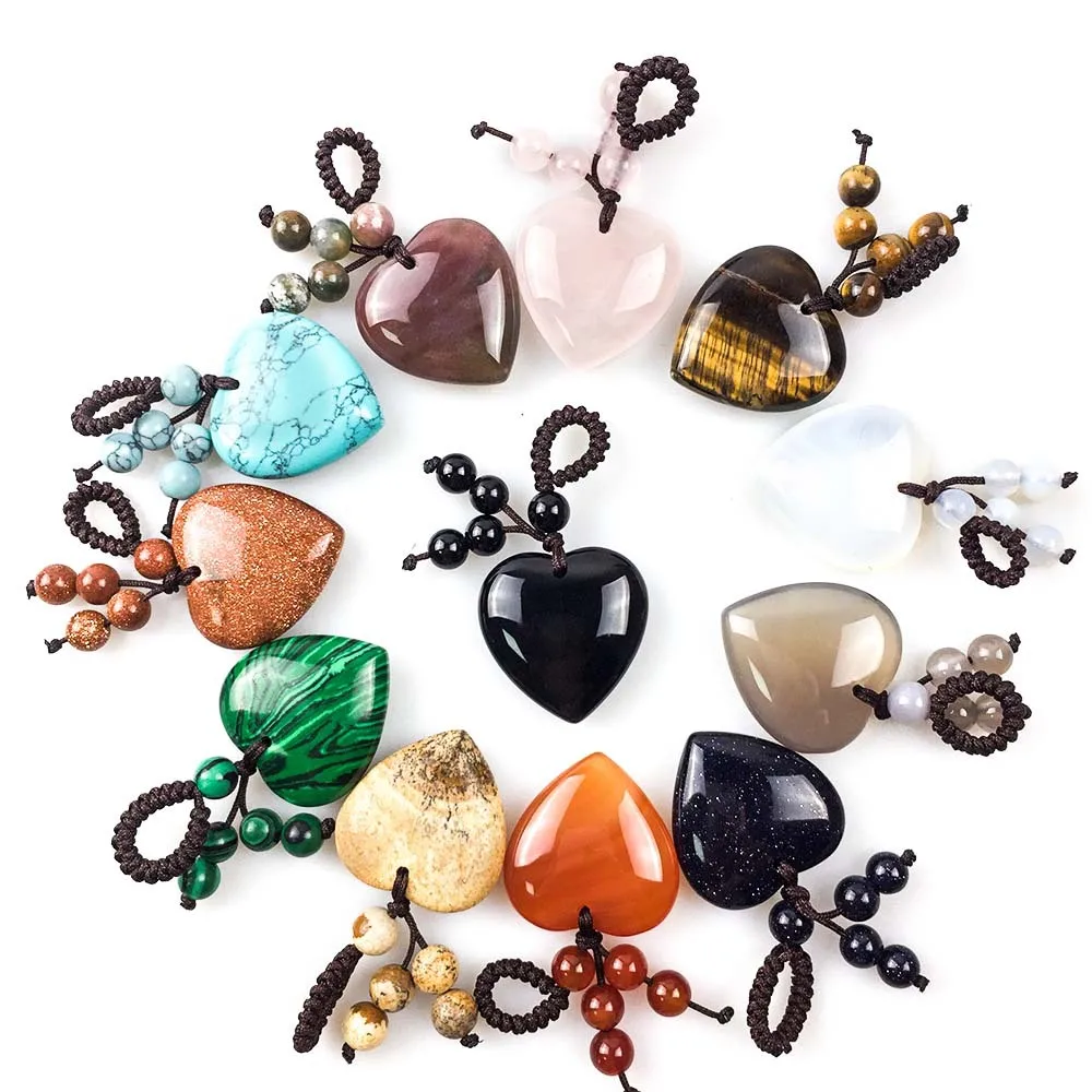 

2size Hand Craft Natural Stone Keychains Handbag Purse Holder HealingHeart Dangle Agates Pink Quartz Turquoises Stone Key Chains