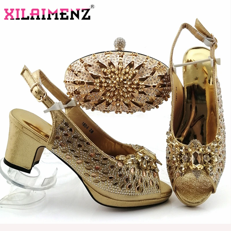 

High Quality 2019 Atumn Special Arrivals Golden Matching Shoes and Bag Set In Heels Matching Shoes and Bag Set for Party