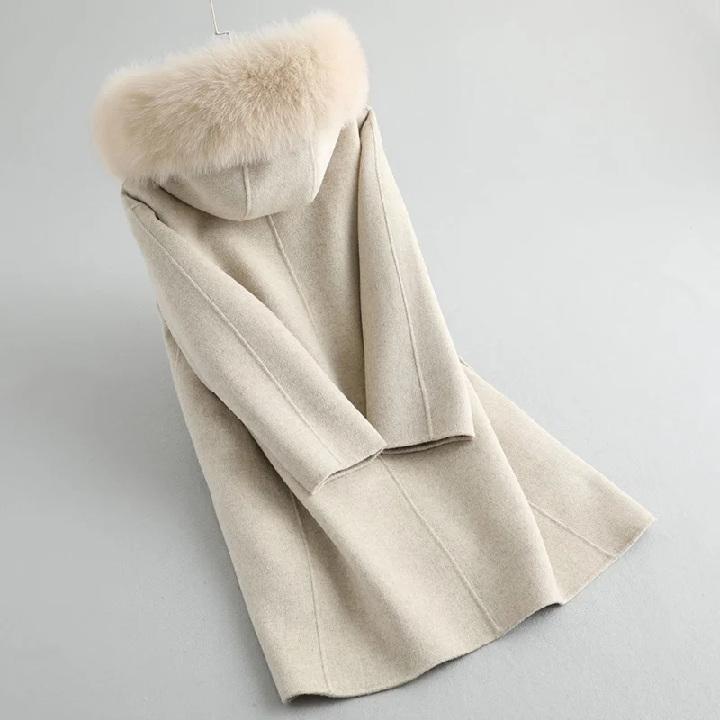 

Зимняя женская шуба из натурального меха, Женская Роскошная подкладка из кроличьего меха, 100% шерстяное пальто, Воротник из лисьего меха, Теп...