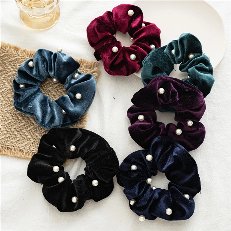 

New Pearls Velvet Hair Scrunchie Plain Elastic Hair Bands Women Rubber Hair Ties Headwear Ponytail Holder Girls Hair Accessories