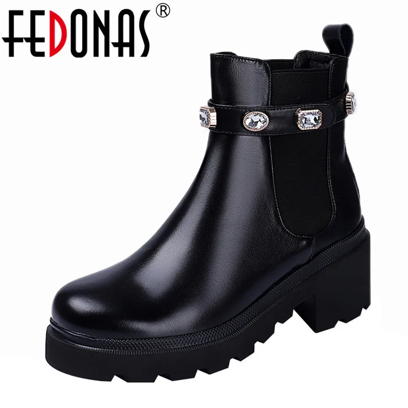 

FEDONAS Genuine Leather Crystal Women High Heels Ankle Boots Winter Warm Autumn Short Chelsea Boots Punk Office New Shoes Woman