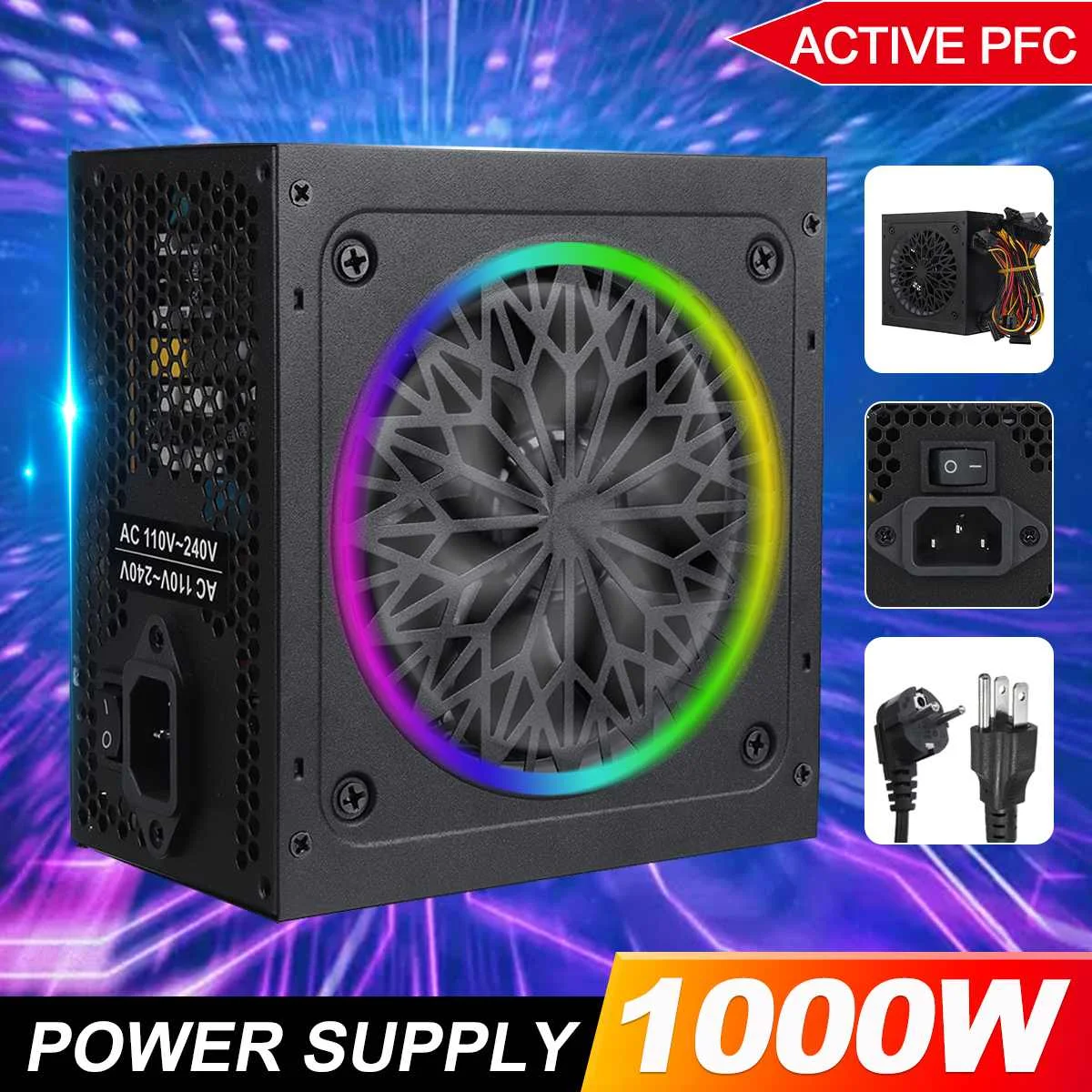 

100-240V 1000W PC Power Supply Active PFC 12cm RGB Fan Computer Power supply for pc Gamer Full Mounted US/ EU plug