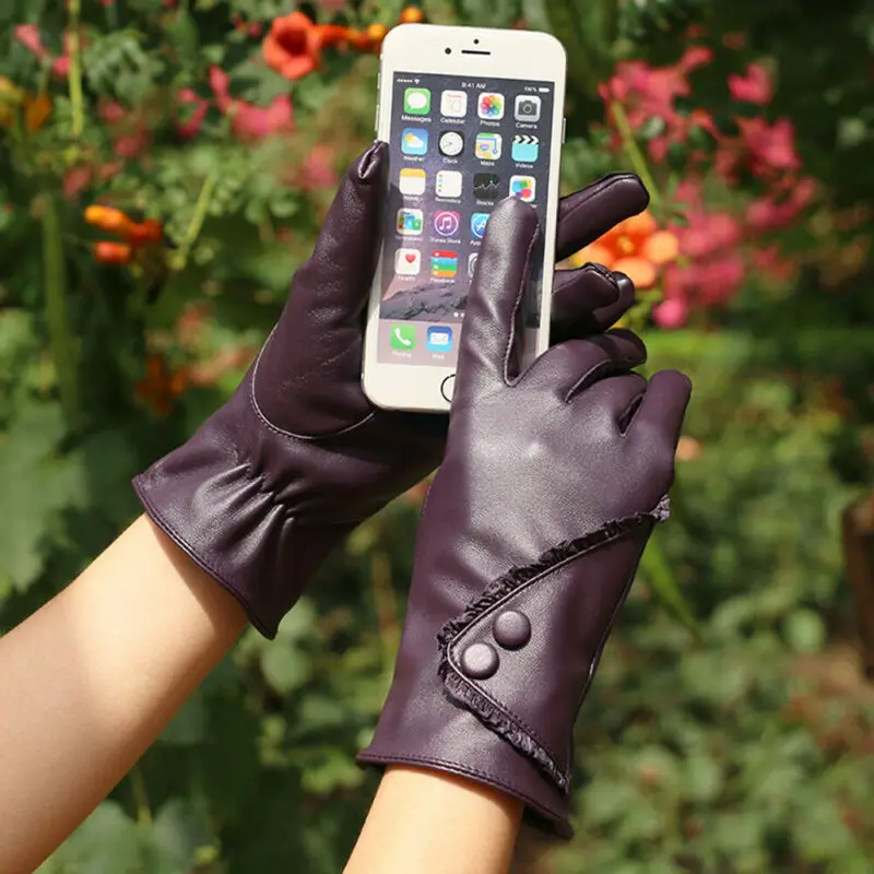 Женские зимние перчатки из искусственной кожи однотонные теплые натуральной