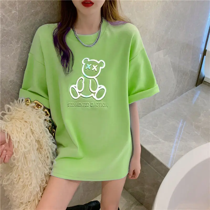 

Pure Cotton Short-sleeved T-shirt Top Women's Brushed Reflective Bear Embossing 2021 New Korean Version Loose Woman Tshirts