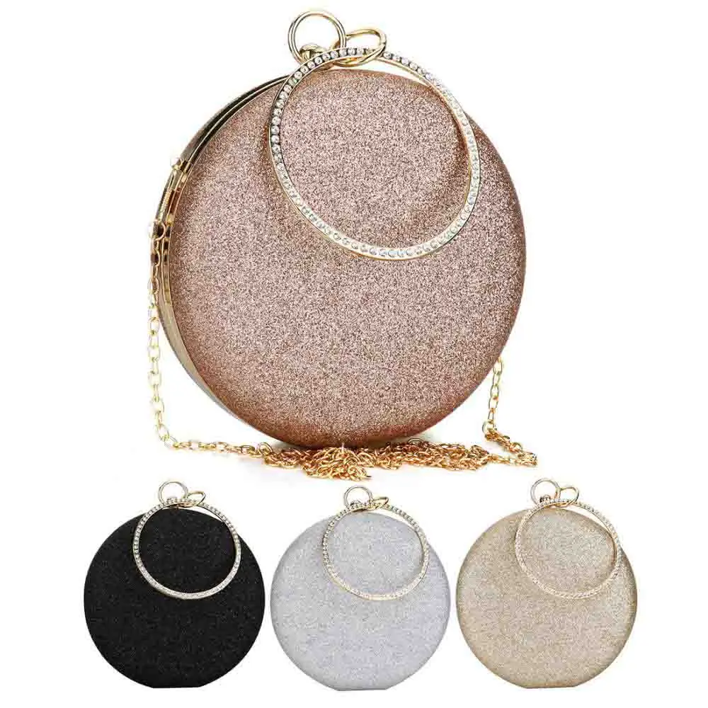 2020 Women Party Bags Wedding Evening Clutch Circular Chain Round Bag Purses Crossbody Shoulder Gold Gillter Handbag | Багаж и сумки