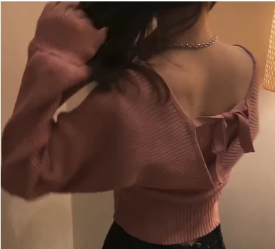 

Spring Autumn Women Sexy Sweater Ladies Jumper Korean Long Sleeve Fake Two Piece Off Shoulder Knitted Pullover Tops 2020