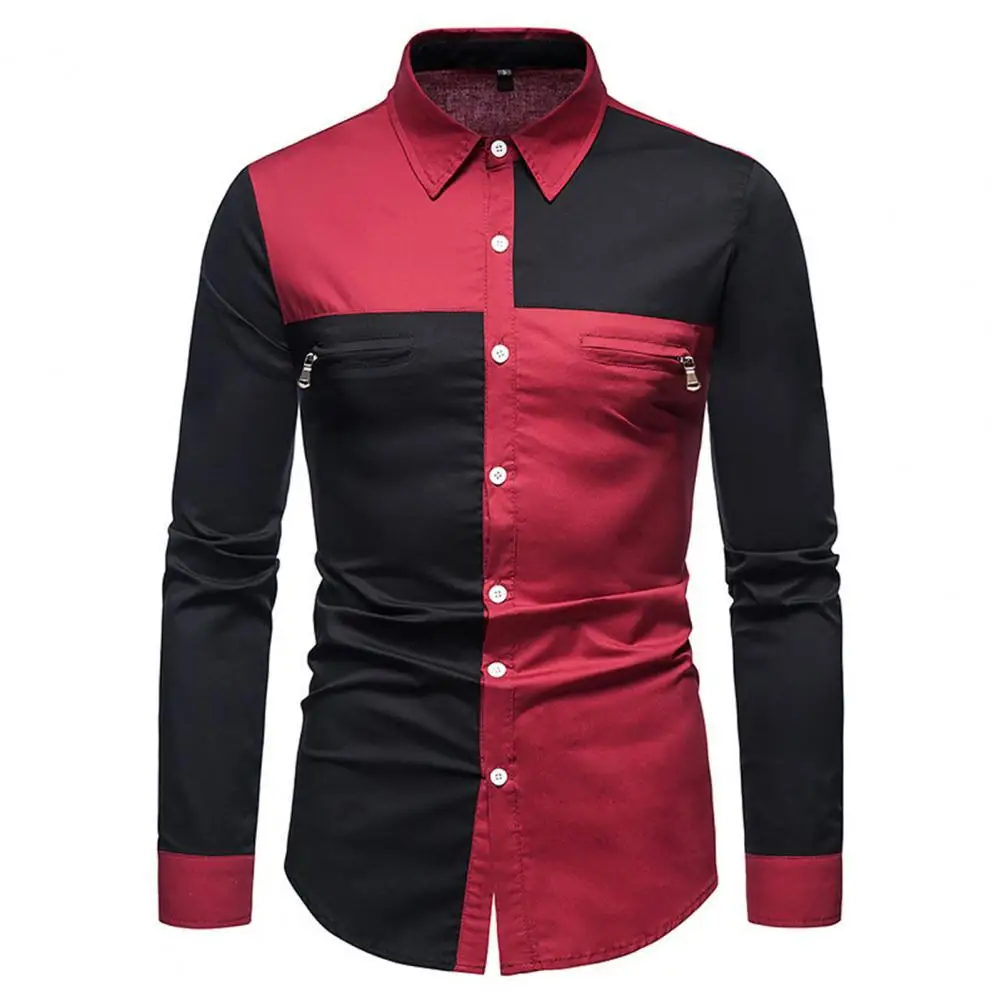 

Men Blouse Shirt Fashion Patchwork Long Sleeve Zipper Design Turn-down Collar Business Shirt Blouse Men Shirt Streetwear 2021