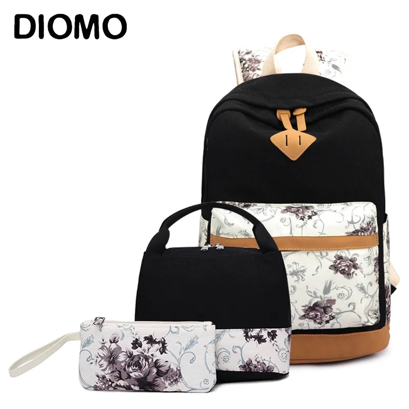 

DIOMO 2022 School Backpack for Girls School Bags Set for Middle School Students Female Floral Canvas Zipper Traveling Bagpack