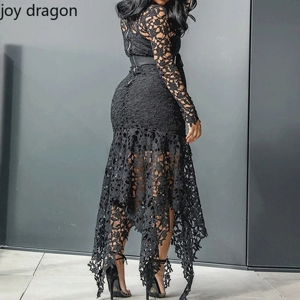 6 Colors Ladies Long sleeve Lace Dress Round Neck Hollow Irregular Hem Daily Party Evening Dress Fashion Sexy Retro Skirt images - 6