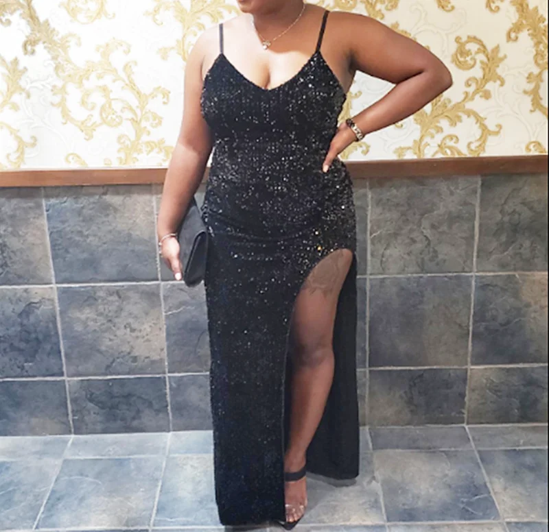 

Black Bling Sequin New Fabric 2020 Spaghetti Straps Sexy High Split V-neck Plus Size Sleeveless A-line Dresses