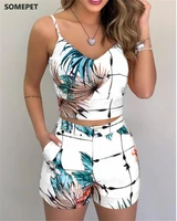 summer women fashion 2 piece outfit set sleeveless print top and shorts set for ladies women party wear