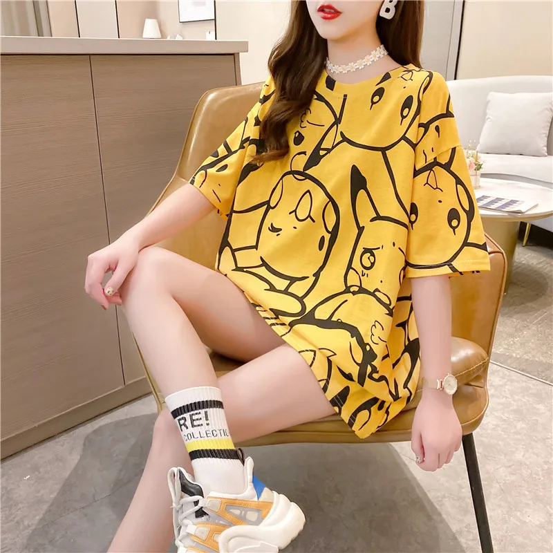 

Pikachu Woman Top Trend 2021 Women's Clothing Plus Size Loose T Shirts Pokemon Yellow Short Sleeve T-shirts Female Clothes Tees