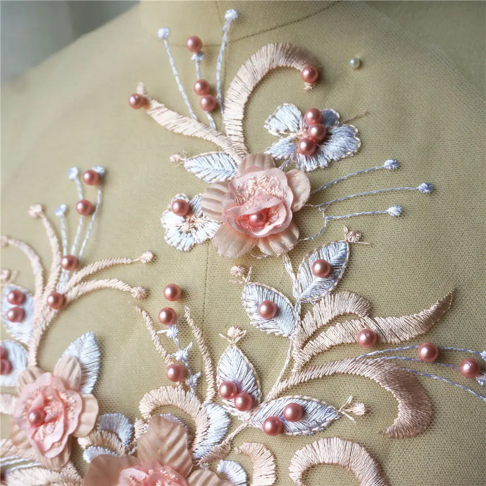 Детские розовые Бусы 3D цветок кружевная ткань вышитое платье Аппликации отделка