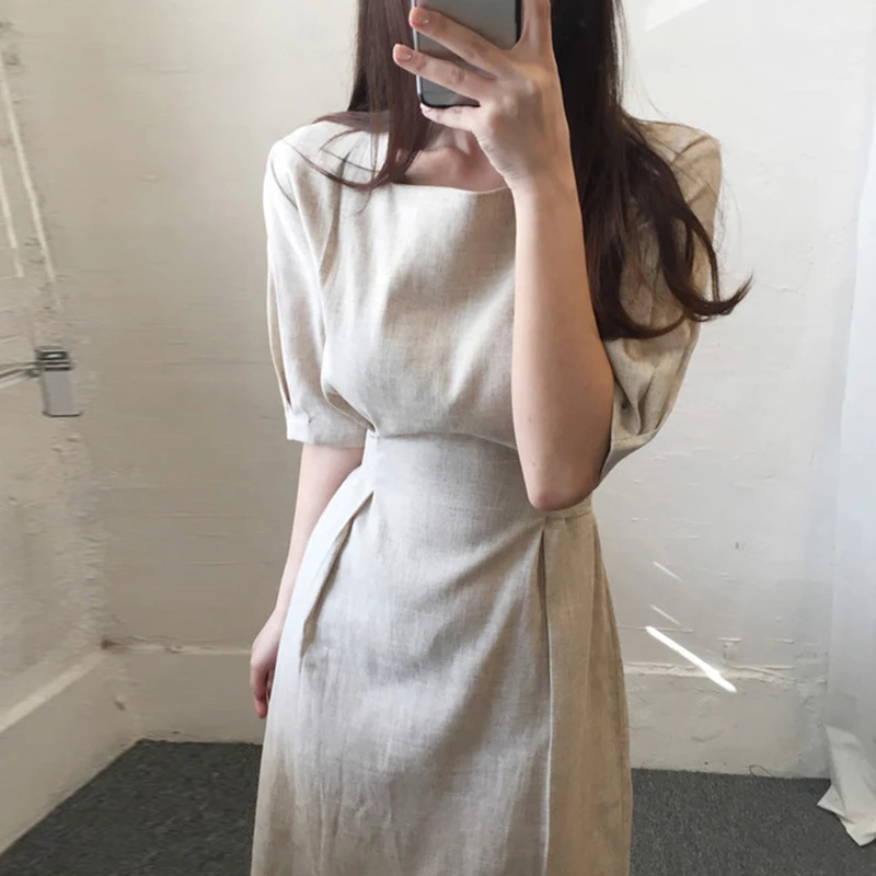 Платье женское летнее из хлопка и льна с круглым вырезом коротким рукавом |