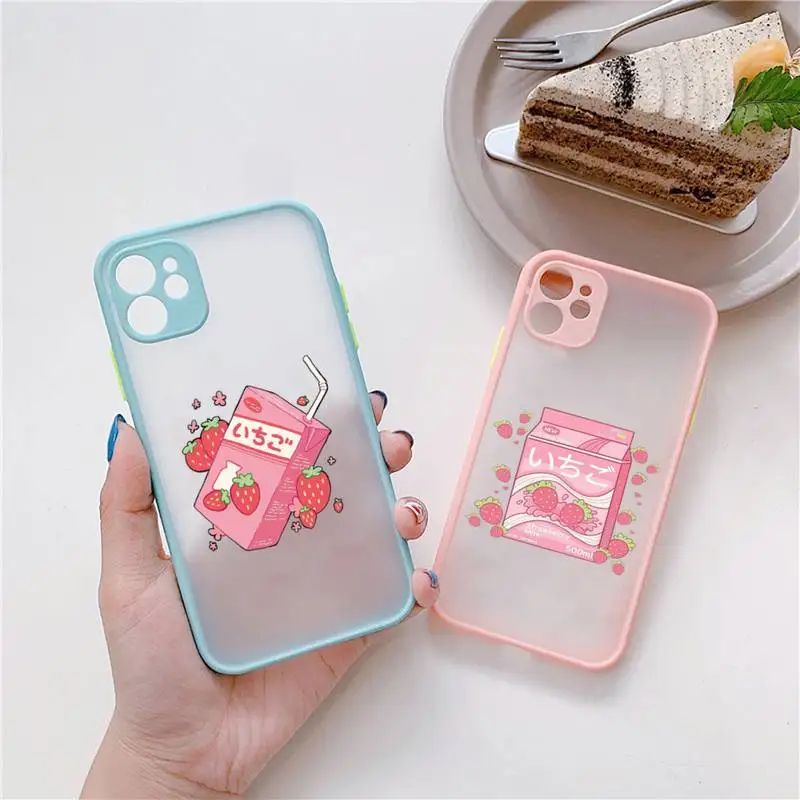 

Kawaii Japanese Strawberry Milk Phone Case Matte Bumper For iphone 13 12 mini 11 Pro Max X XS Max XR 7 8 Plus Capa