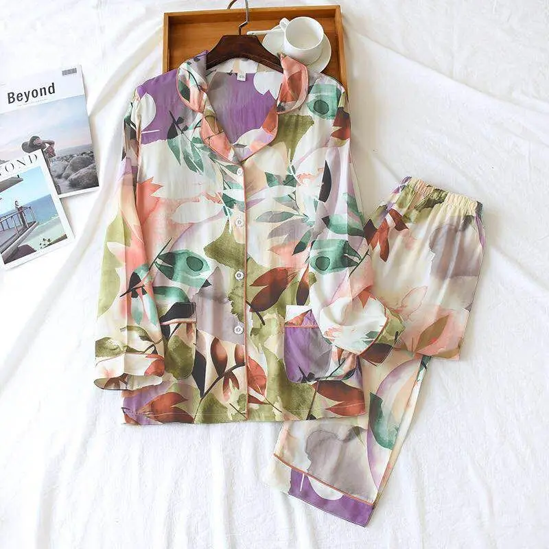 Printed Viscose Pajamas Ladies Thin Style Spring Summer Rayon Long-sleeved Home Service Suit Pajama Set Pijamas Women Sleepwear