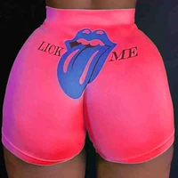 5 color big tongue print high waist stretch womens plus size sports shorts