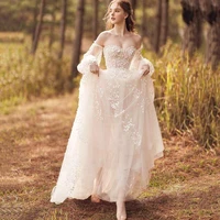 spring boho wedding dress 2021 detachable puff sleeve long bridal dresses a line lace vintage wedding gowns for beach korea