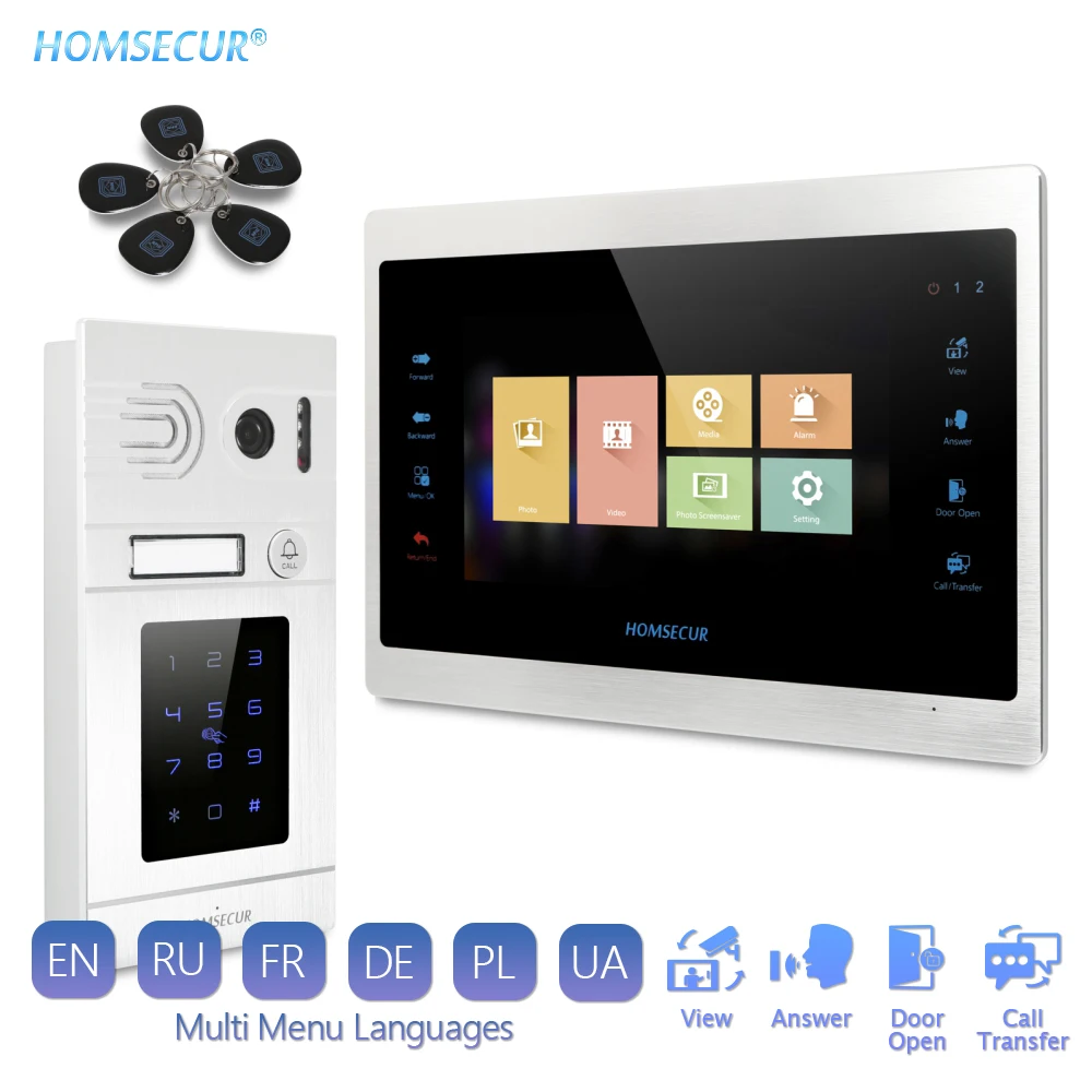 Видеодомофон HOMSECUR 7 дюймов система связи с камерой в русском меню IP65 пароль IC
