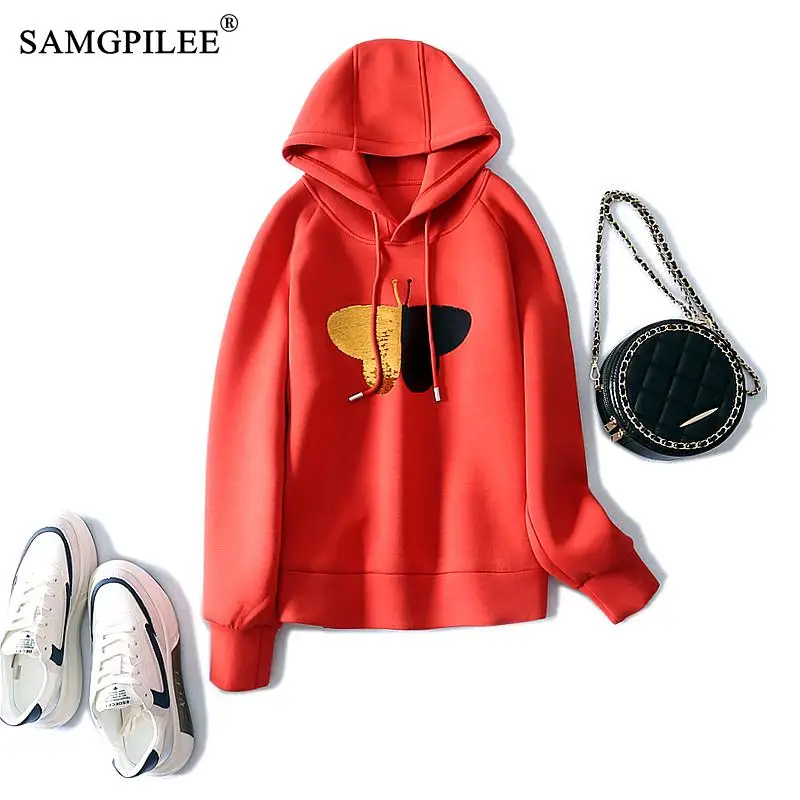 

Oversized Hoodie Women Candy Color 2021 Autumn Korean Style Sequin Butterfly Pattern Space Cotton Casual Spring Woman Sweatshirt