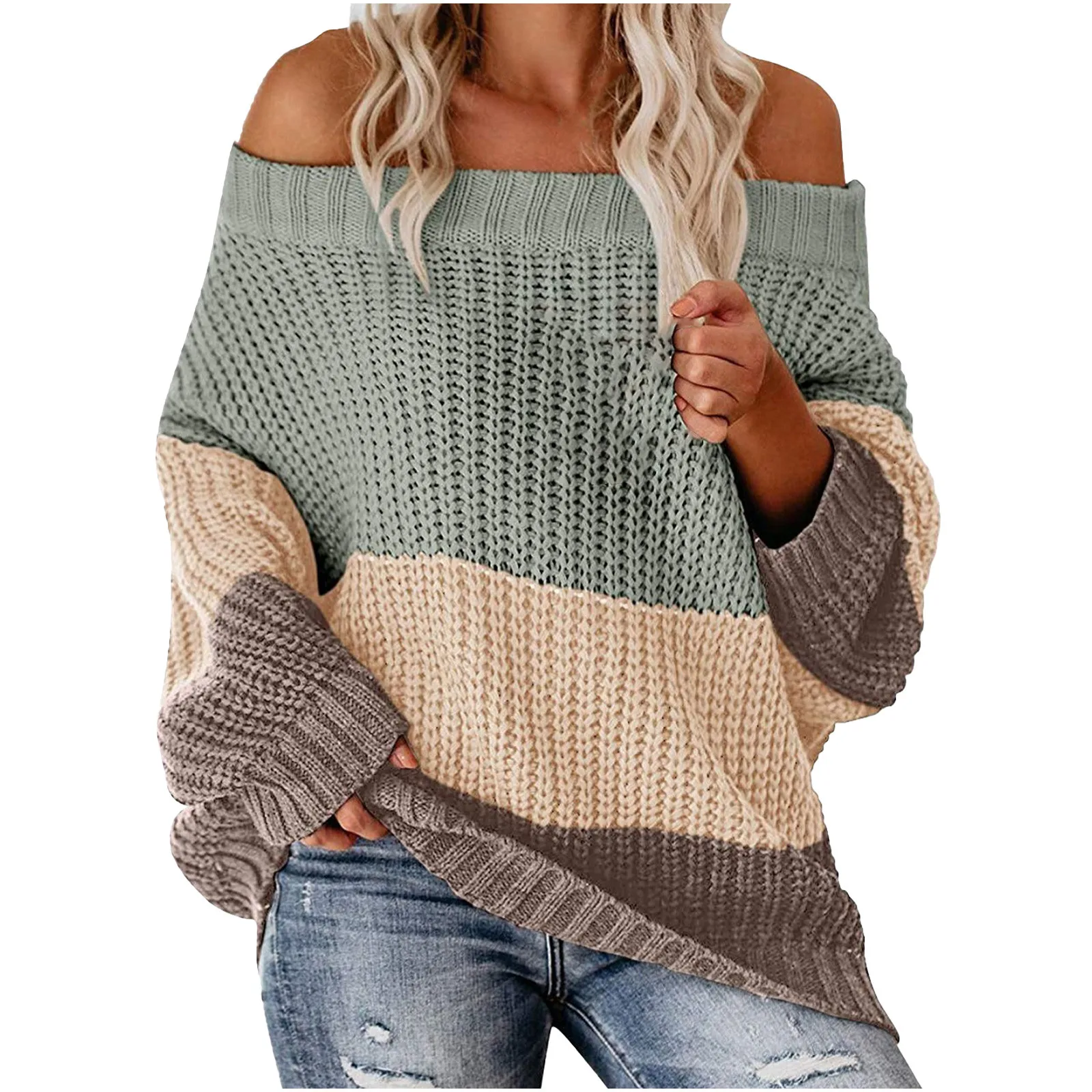 

New Knitted Sweater Women Jumpers Off-Shoulder Knitted Pullovers Sweaters Casual Autumn Winter Loose Color Block Striped Sweater