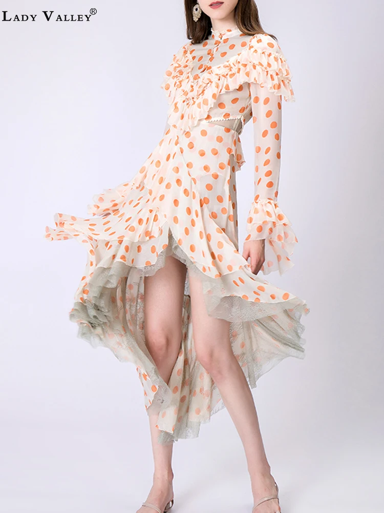 

Retro polka dot high waist cutout irregular multi-layer ruffle dress dress spring and autumn delivery strap opaque