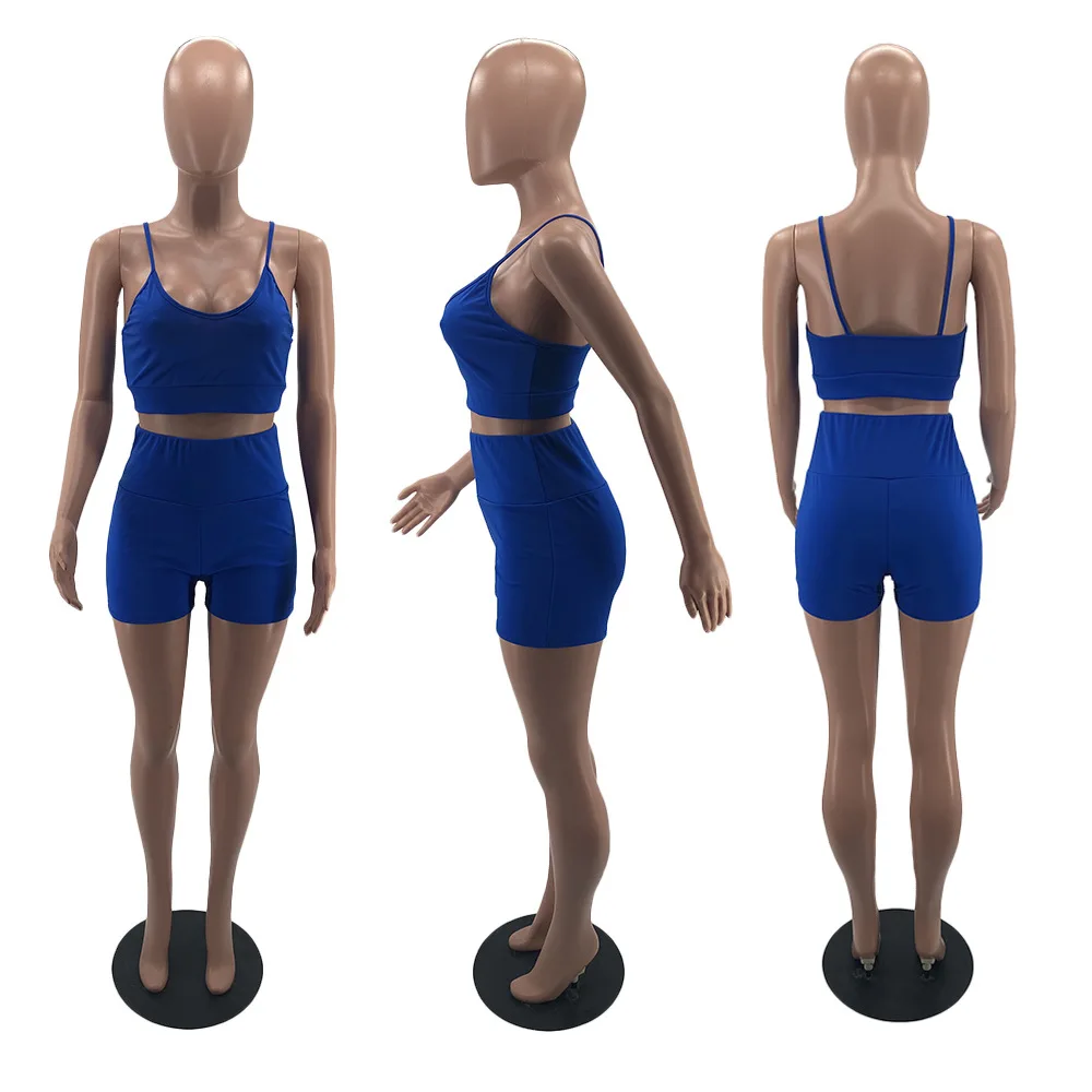 

sexy solid sportswear matching sets women spaghetti strap sport crop tops and high waist biker shorts active workout tracksuits