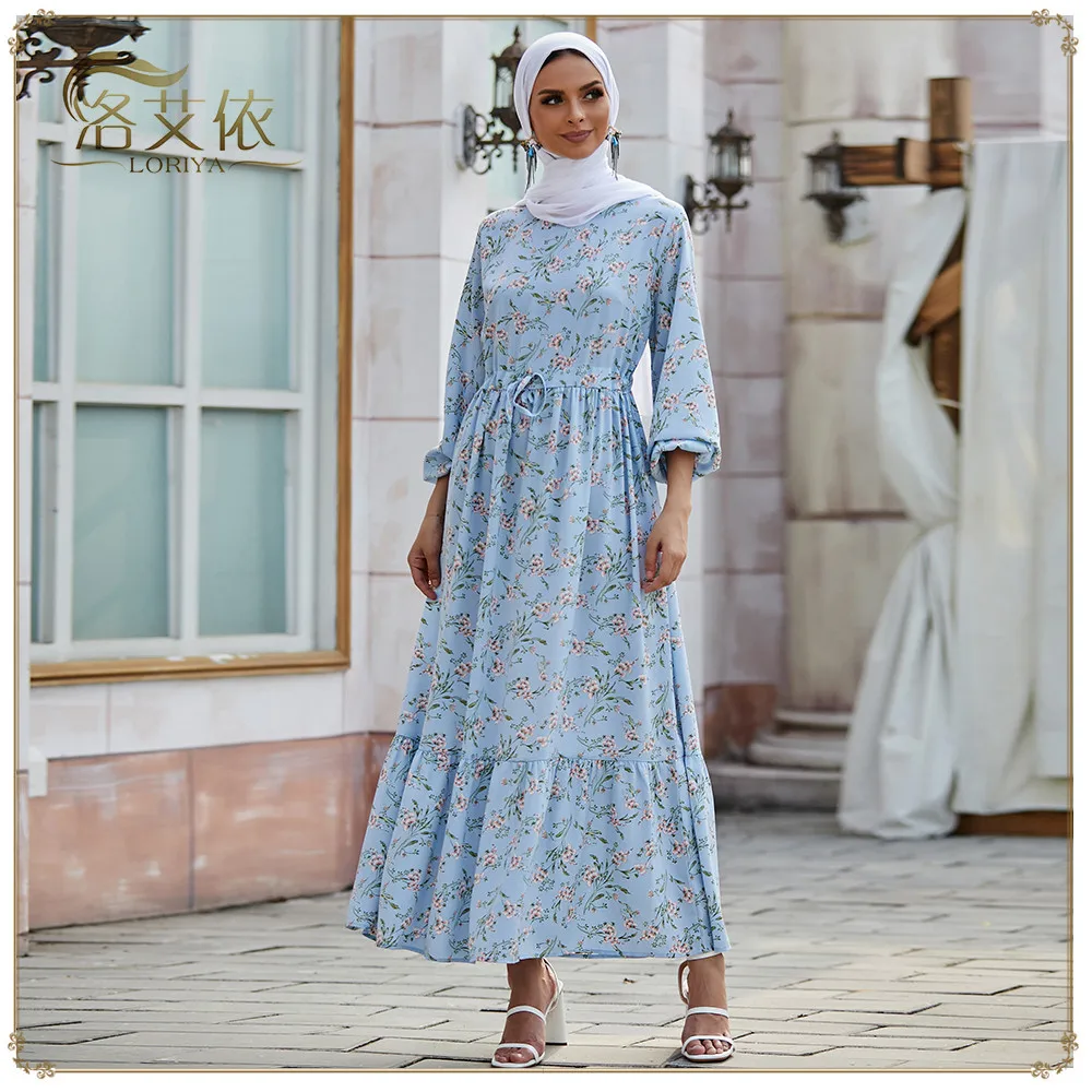 

Muslim Women Long Dress Print Floral Lacing Big Hem Dubai Mid East Turkey Marocian Abayas Caftan Femme Vestidos Largos Casual