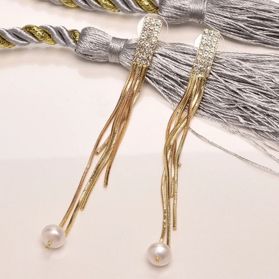 

Trendy Design Tassel Earrings Women Jewelry 14K Gold Plated White Natural Freshwater Pearl Drop Earring Fashion Jewelry FEIGE