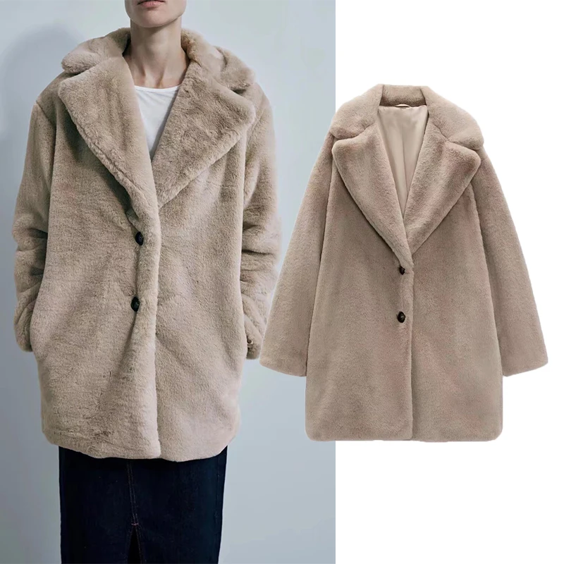 

Женское меховое шерстяное пальто ZA, однотонная флисовая верхняя одежда большого размера на молнии, мягкая куртка с длинным рукавом, верхняя...